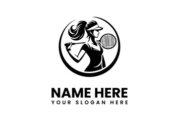 Silhouette of a Tennis Player with Racket Inside a Circle Design.
