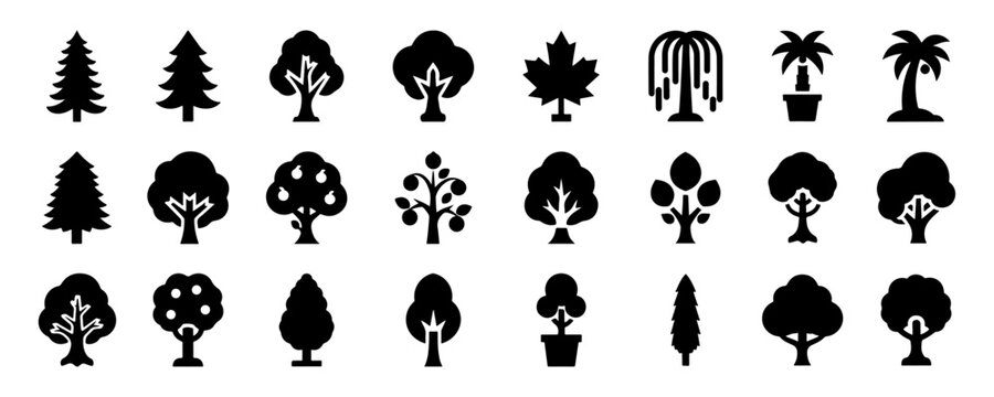 Minimalistic tree silhouette icons set representing different types of trees including pine, oak, palm, deciduous, and forest symbols vector illustration in bold solid style