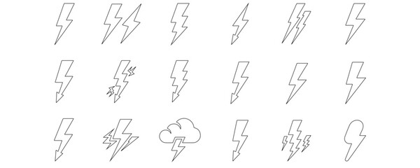 Minimalistic outline lightning bolt icons set representing electricity, energy, thunder, high voltage, and power symbols vector illustration in clean linear style