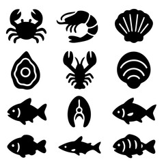 Seafood Icons: A collection of classic seafood icons. Each silhouette represents a fresh catch, ideal for any culinary design.