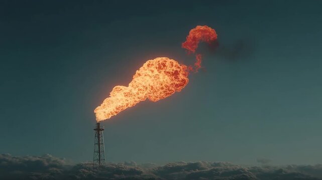 The fiery flame of an oil and gas flare rises dramatically against a tranquil blue sky.