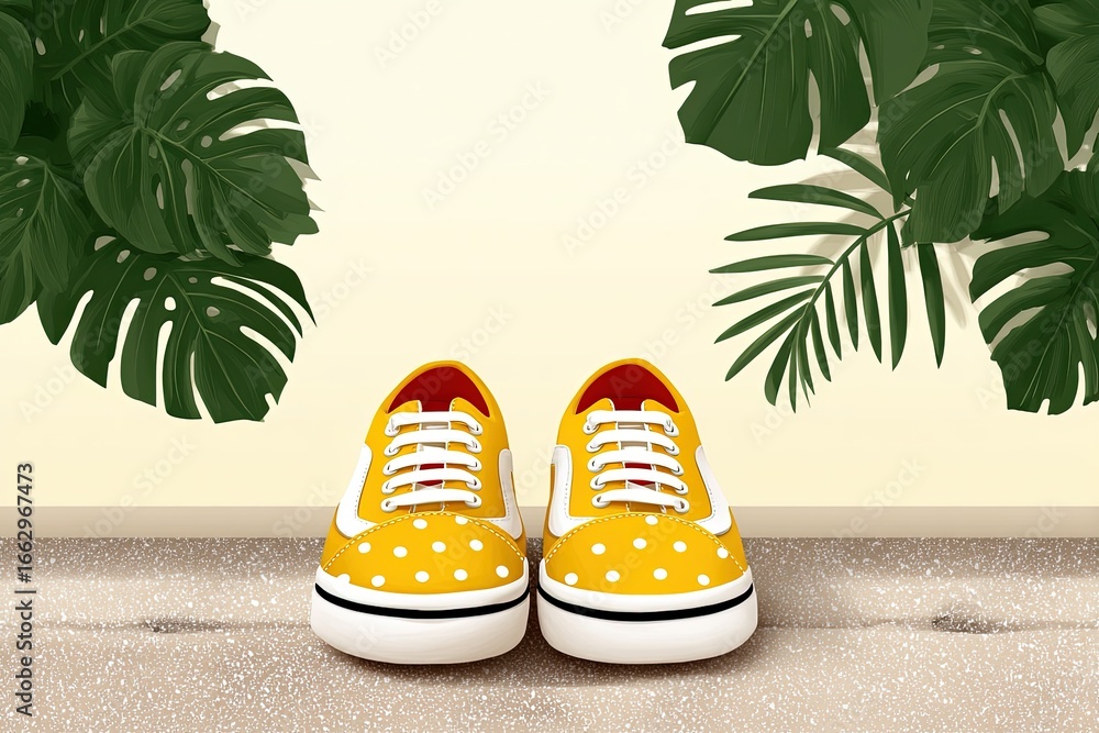 Poster bright yellow sneakers with polka dots positioned on a textured floor surrounded by lush green leave
