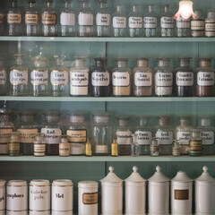 flacons ancien d'une ancienne pharmacie. Médecine, soins, médicaments dans des anciennes fioles en verre avec étiquettes