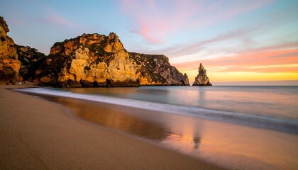 Coastal sunrise over a golden beach
