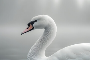 Obraz premium Elegant close-up of a white swan with water droplets on its feathers, set against a soft minimalistic background, emphasizing purity, serenity, and natural grace.