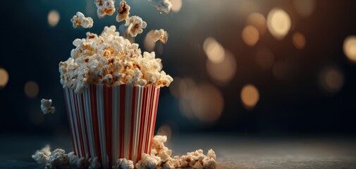The delicious popcorn bursting from its striped container in cinematic ambiance.
