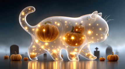 Naklejka premium Translucent spectral feline drifting through moonlit cemetery, surrounded by glowing miniature pumpkins, radiating eerie halloween enchantment beneath crescent lunar light