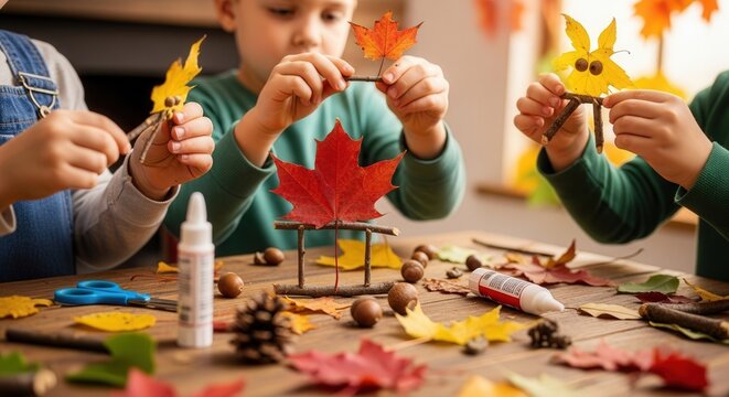 children creating autumn leaf crafts with colorful leaves and glue. engaging art project fostering creativity and teamwork. perfect seasonal activity highlighting hands-on learning and fun