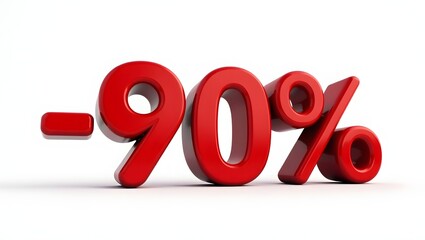 Photorealistic image of the text "-90%" in bold, red letters. The text has a metallic finish, with a shiny surface reflecting light, creating minimal shadows, making it ideal for a sale or promotion.