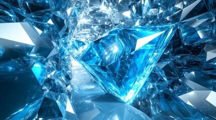 A 3D model of a crystal cave with glowing blue gems and reflective surfaces, dazzling and surreal 