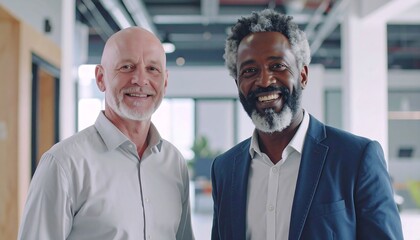 Two smiling men in business attire, office setting