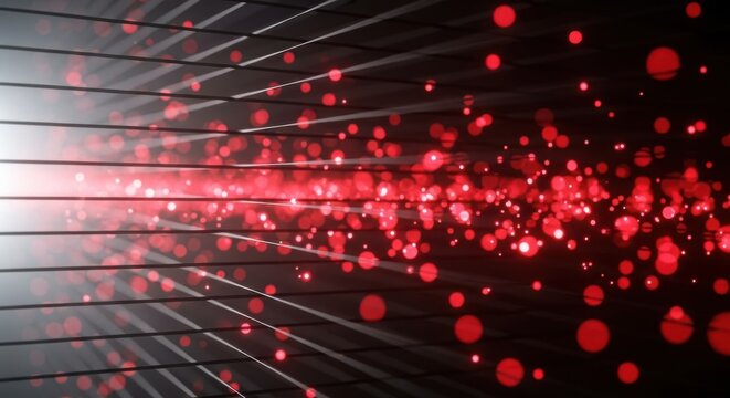 Abstract red glowing particles exploding from a dark background with light streaks, digital art
