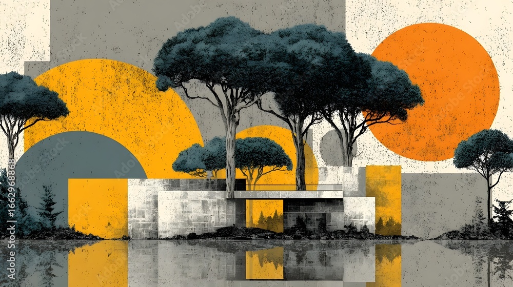 Poster a dreamlike surreal landscape composed of vibrant hues grungy textures and floating geometric struct