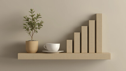 Fototapeta premium A minimalist beige shelf displays a small green plant and a beige coffee cup, creating a calm, modern, and cozy atmosphere.