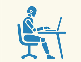 A blue robot figure is seated in a chair, typing on a laptop placed on a desk. The setting is minimalistic with a clean design and soft lighting, suggesting a modern work environment.