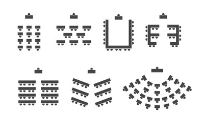 Seating layouts for conference, banquet, classroom, theater, U-shape table. Icons for event planning and presentations. Vector