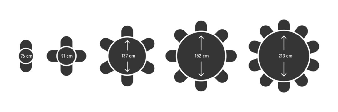 Round Table Seating Charts with Sizes. Vector illustration of round tables with dimensions and seating arrangements. Sheme for banquet, wedding, catering, and event planning.