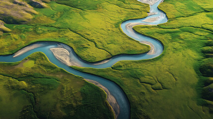 A calm minimalist landscape showing a gentle river bend flowing through a pale green field under soft natural light and open sky.