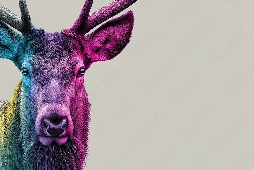 Poster captivating portrait of a majestic deer with multicolored gradients showcasing vivid hues and intric