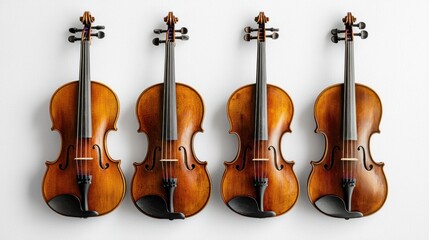 Naklejka premium Four violin instruments hanging on a white wall.