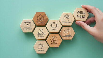 Holistic wellness concept. The eight dimensions of wellness using wooden blocks with icons; occupational, spiritual, financial, social, intellectual, environmental, emotional, and physical health.