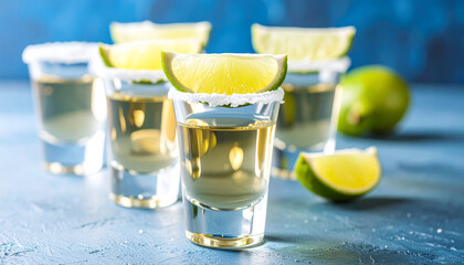 Tequila shot with lime wedge. Party drink. Tasty alcoholic beverage.