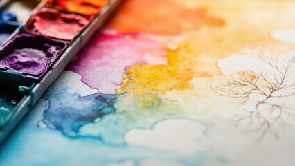 Watercolor paint palette with vibrant colors and abstract watercolor washes in shades of blue pink orange and yellow with a tree illustration