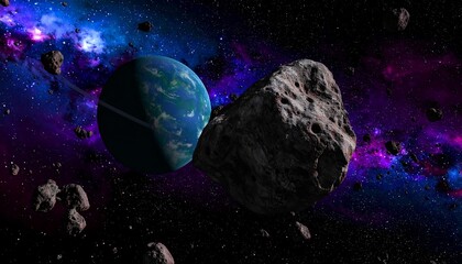 Planet threatened by asteroids in space