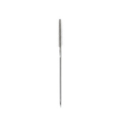 A single, slender, silver metallic barbed felting needle with microscopic, sharp barbs, isolated on a transparent studio background, concept of precise crafting tool detail