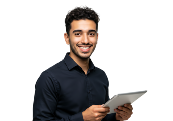 Young man smiling holding a tablet computer isolated on transparent background