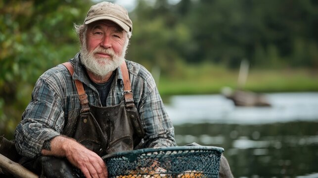 An older man with a beard and hat, wearing a plaid shirt and overalls, sitting on a wooden dock by a river with a fishing