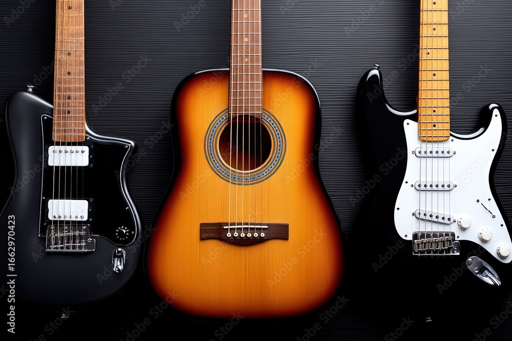 Poster three distinct guitars displayed on a textured backdrop showcasing unique craftsmanship and design e