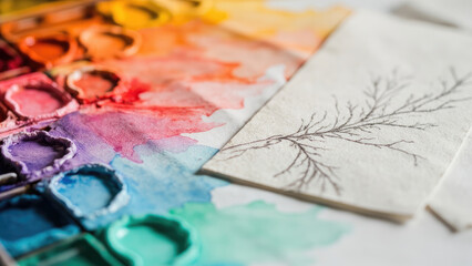 Naklejka premium Watercolor palette with colorful paints and a drawing of a branch on a white paper sheet art supplies close up