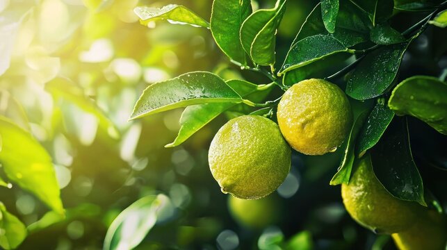 Lime fruits on a tree branch with sunlight shining through the leaves.