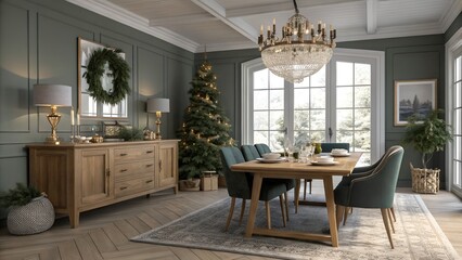 Scandinavian Christmas dining room with extendable farmhouse oak wood table and elegant holiday styling for Mid-Atlantic homes