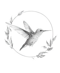 Black and white sketch of a hummingbird in flight isolated on transparent background