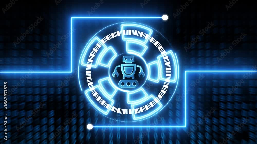 Poster futuristic neon blue circular interface with robot icon on digital data background technology