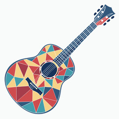 Acoustic guitar with a vibrant geometric mosaic pattern in red yellow and teal colors
