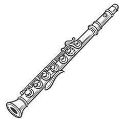 Black and white line drawing illustration of a classical woodwind instrument clarinet on a white background