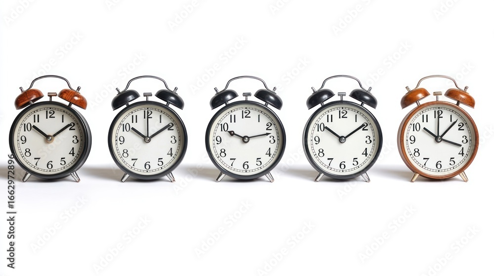 Poster five alarm clocks in a row, each with a different color and style.