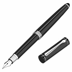 Elegant black fountain pen with silver accents and detached cap on a white background