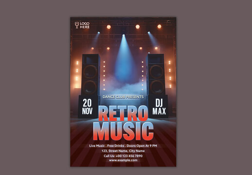 Retro Music Party Flyer with Speakers on Stage and Spotlight for Live DJ or Club Event Promotion, Editable Design.