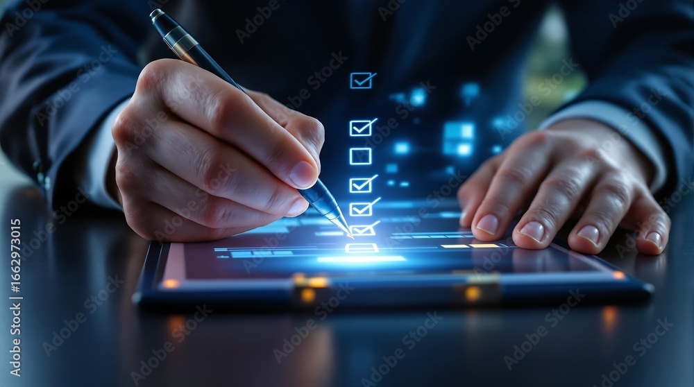 Poster digital checklist on tablet concept for business task management and productivity app use