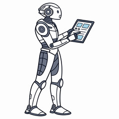 Futuristic humanoid robot interacting with a digital tablet displaying information and graphics