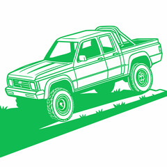 Green line art illustration of an off road pickup truck driving over grassy terrain