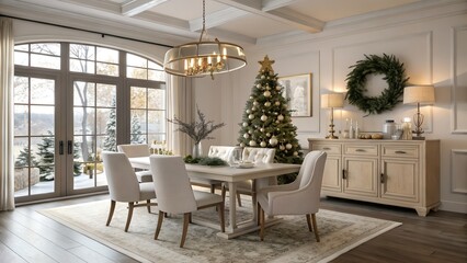 Realistic Luxury European USA dining room, festive table setting and seasonal decor in snowy whites and champagne gold hues