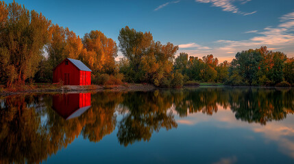 A red barn reflects perfectly in a calm autumn lake at sunset, creating a serene, picturesque, and colorful rural scene.