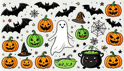 Halloween-themed collection of cute cartoon elements