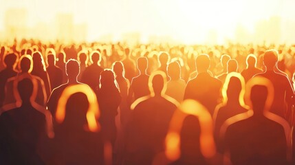 Fototapeta premium A large crowd of people standing in a field at sunset.