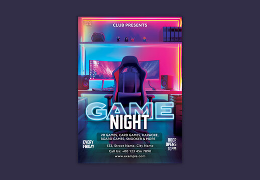 Game Night Party Flyer with Gaming Chair, Neon Lights and Event Details for VR and Board Games.